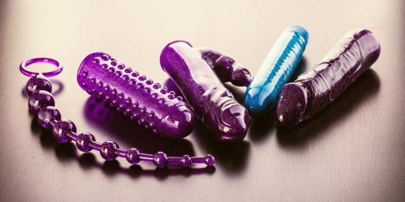 purple and blue sex toys on table
